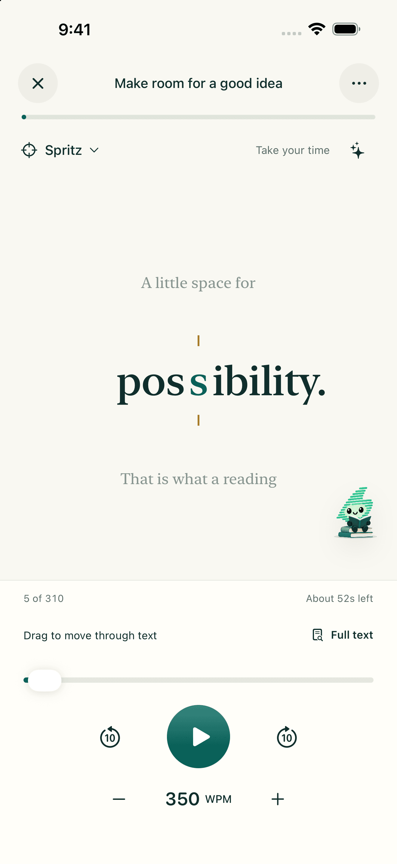 Elite Reader’s focused reading screen with adjustable words per minute